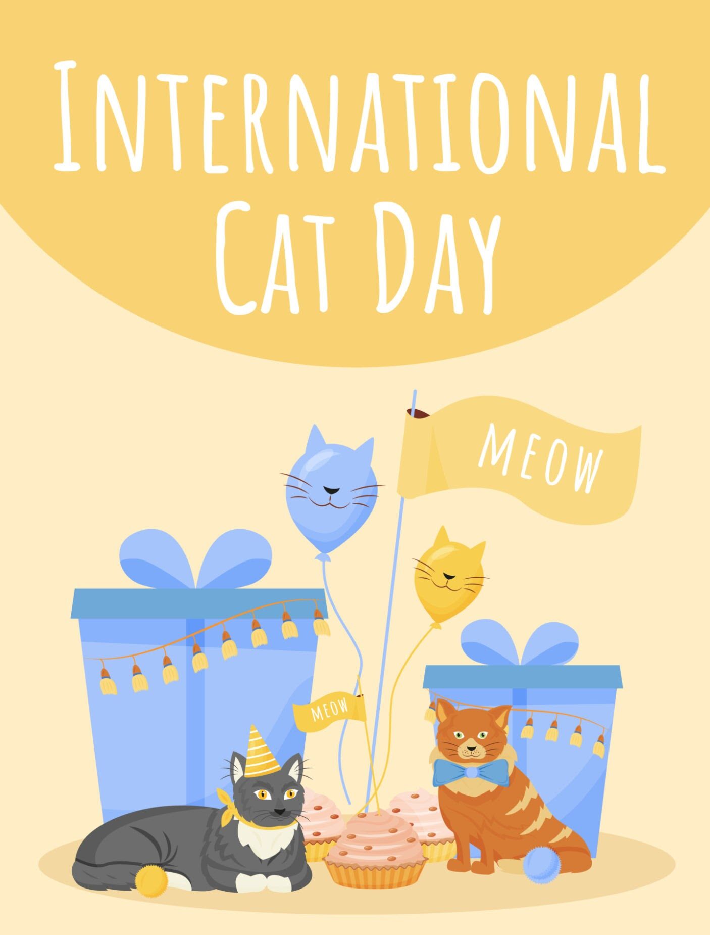 International cat day poster flat vector template. Celebrate holiday with kitten. Present, cake for cat. Brochure, booklet one page concept design with cartoon characters. Pet holiday flyer, leaflet